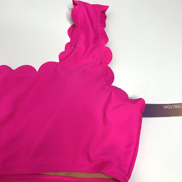 Womens 2 Piece One Shoulder Swimsuit Size Small Hot Pink High Waist - Picture 7 of 16